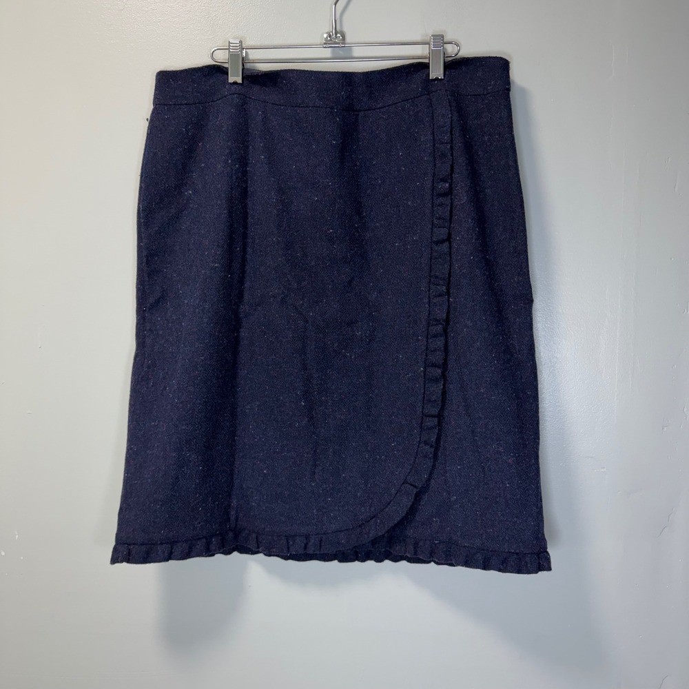 Talbots Navy‎ Blue Wool Blend Tweed Ruffle Faux Wrap Skirt Size 14 Professional